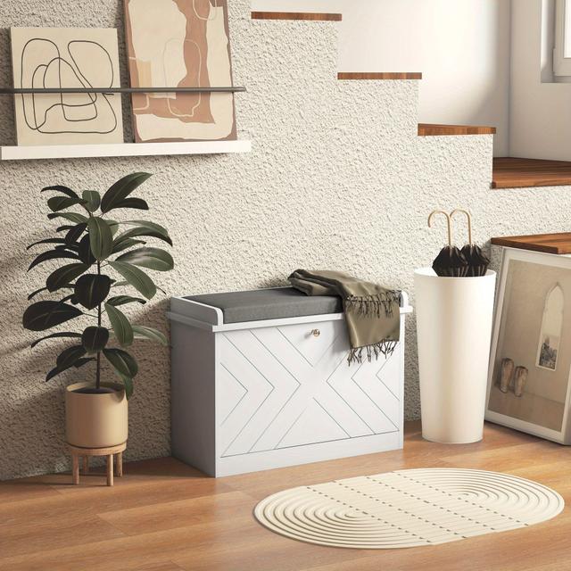 TEMU Homcom Shoe Bench, Entryway Bench With Flip Drawer, Seating Cushion And Adjustable Shelf For 6 Pairs Of Shoes For Hallway, White