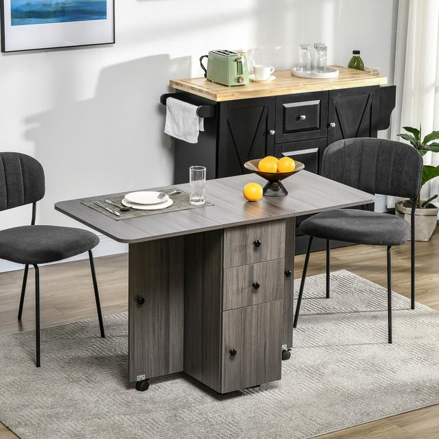 TEMU Homcom Foldable Dining Table, Rolling Kitchen Table With Storage Drawers And Cabinet, Drop Leaf Table On Wheels, Grey