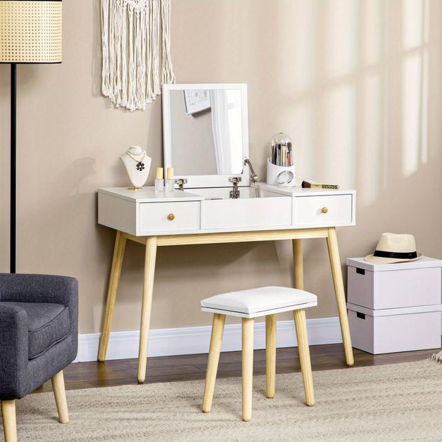 TEMU Homcom Dressing Table Set With Mirror And Cushioned Stool, Makeup Vanity Dressing Table Writing Desk With 2 Drawers And Storage Grids For Bedroom ( White)