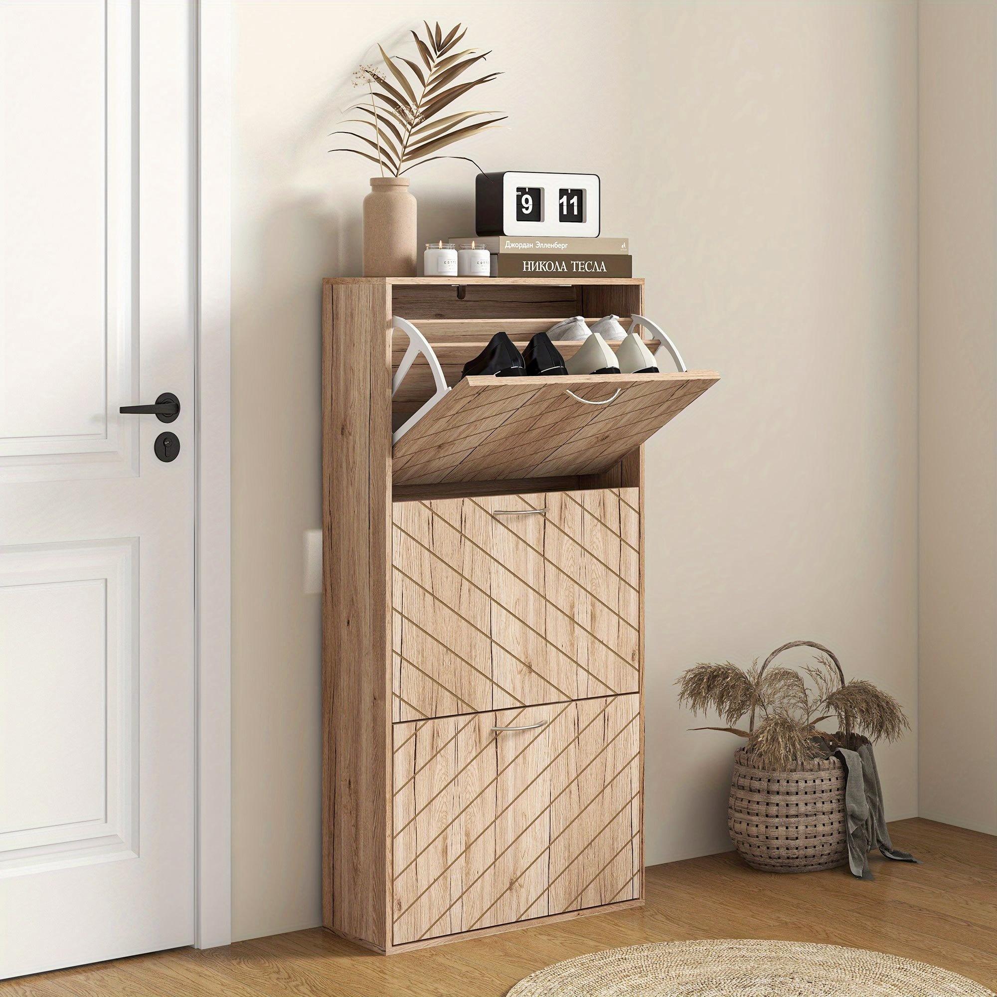 TEMU Homcom Narrow Shoe Cabinet, Slim Shoe Storage Cabinet With 3 Flip Drawers, 12 Pair Of Shoes For Hallway, Entryway,