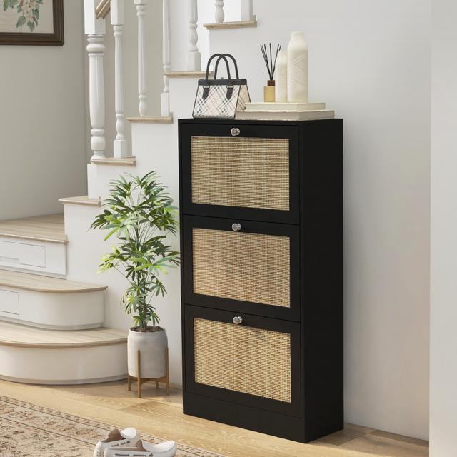 TEMU Homcom Rattan Shoe Cabinet With 3 Flip Drawers And Adjustable Shelves, Narrow Shoe Storage Cabinet For 18 Pairs Of Shoes For Entryway, Hallway, Black