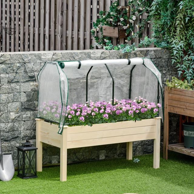 TEMU Outsunny Raised Garden Bed With Pe Greenhouse Cover Outdoor Elevated Wood Planter Box For Herbs And Vegetables, Use For Patio, Backyard, Balcony, 48 X 22 X 46 Inch, Natural
