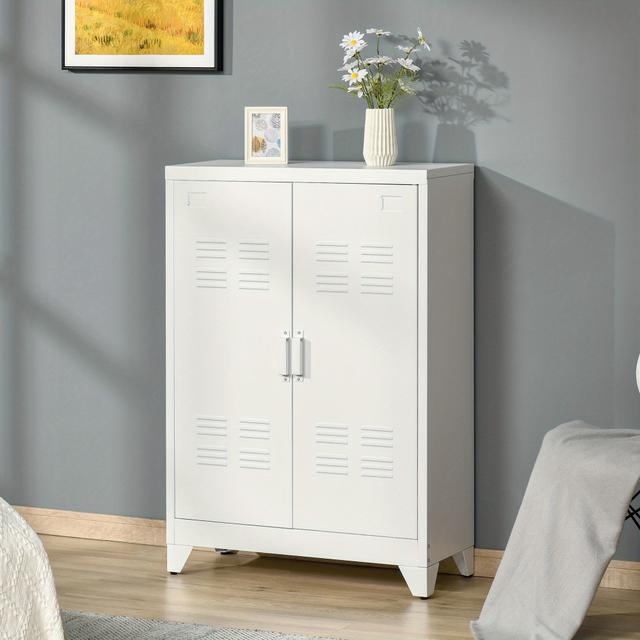 TEMU Homcom Metal Storage Cabinet, Industrial Sideboard Buffet Cabinet With 2 Louvered Doors, Adjustable Shelves, White