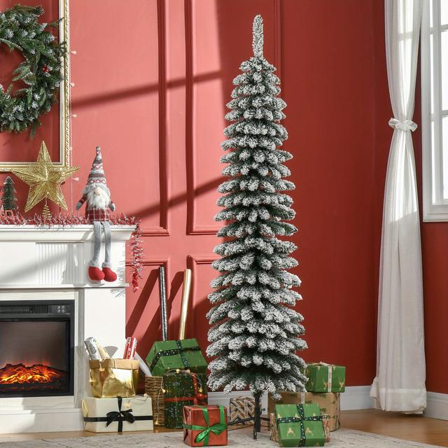 TEMU Homcom 6 Ft Snow-flocked Artificial Christmas Tree, Slim Pencil Tree With Realistic Branches, Metal Base, Green