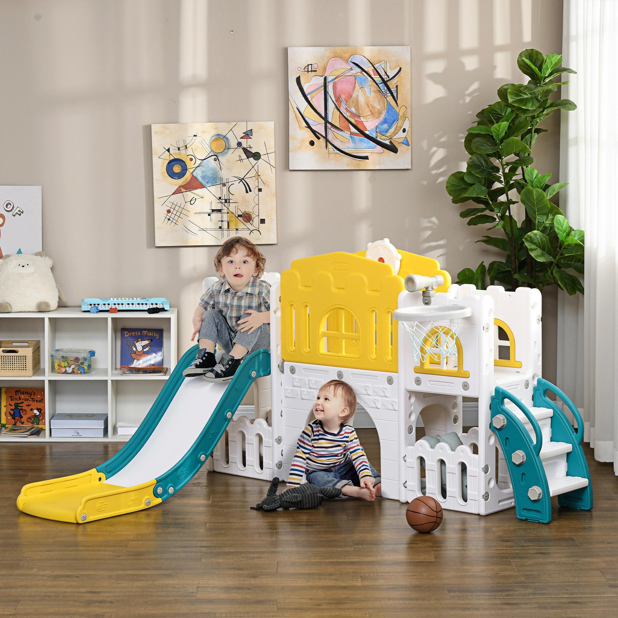 TEMU Qaba Toddler Slide, 7 In 1 Slide For Kids With Basketball Hoop, Climber, Telescope, Tunnel, Steering Wheel, , Storage Baskets, Indoor Slide Playset For 1-3 Years, Yellow
