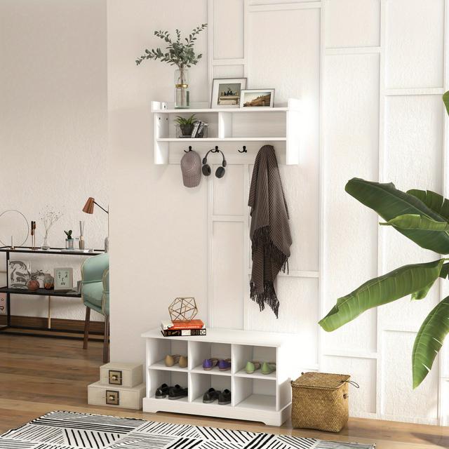 TEMU Homcom Coat Rack Shoe Bench Set, Entryway Shoe Bench With 8 Storage Cubbies, 4 Hooks, Modern Hall Tree For Hallway, Living Room And Bedroom, White