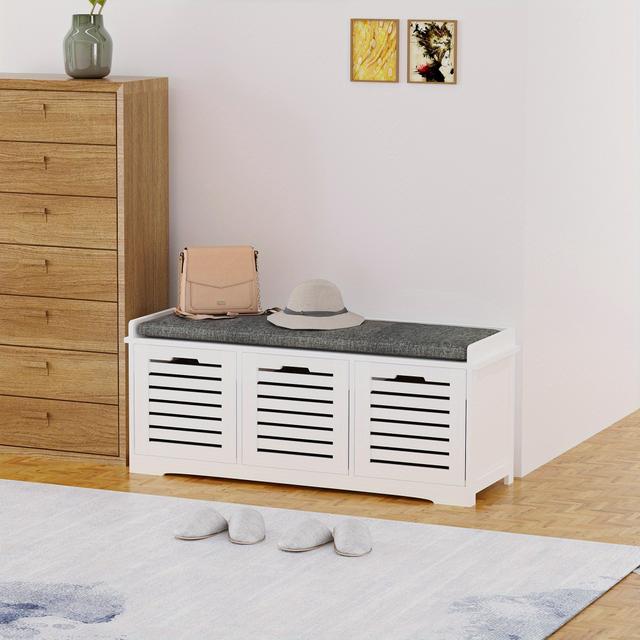 TEMU Homcom Upholstered Shoe Cabinet Storage Bench With Padded Cushion, With 3 Drawer Enough Storage Space Bench Stool For Living Room Entryway Furniture, White