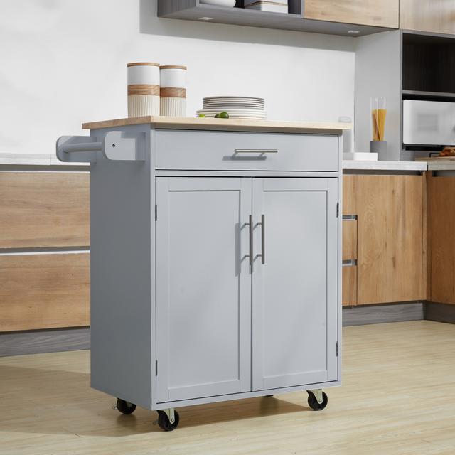 TEMU Homcom Rolling Kitchen Island Cart With Wood Top, Enough Storage Drawer Space With Towel Bar Rack Shelves, Portable Kitchen Utility Serving Cart Trolley On Wheels ( Grey)