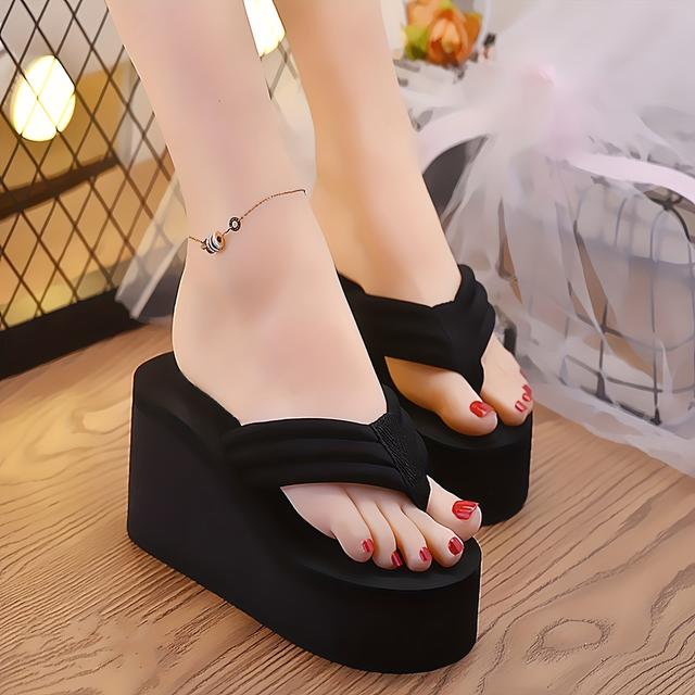TEMU Platform Women's Flip-flops Summer New Style Slippers Korean Fashion Anti-slip Vacation High Heel Toe Post Beach Flip-flops, Women Shoes