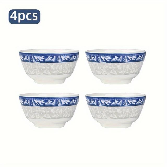 TEMU Set Of 4 Ceramic Bowls For Home Use, Suitable For Rice, Cereal, Salad, And Featuring Blue And White Patterns