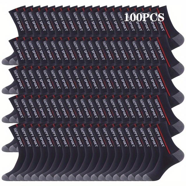 TEMU 100팩 남성용 캐주얼 레터 프린트 미드캐프 양말 - 통기성 운동 디자인, 스포츠 및 캐주얼 착용을 위한 블랙과 레드 악센트, 스포티한 양말