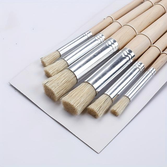 TEMU 6pcs Stencil Paint Brush Set With Bristle Hair & Wooden Handles - Ideal For Diy Crafts, Watercolor, Oil, And Acrylic Painting
