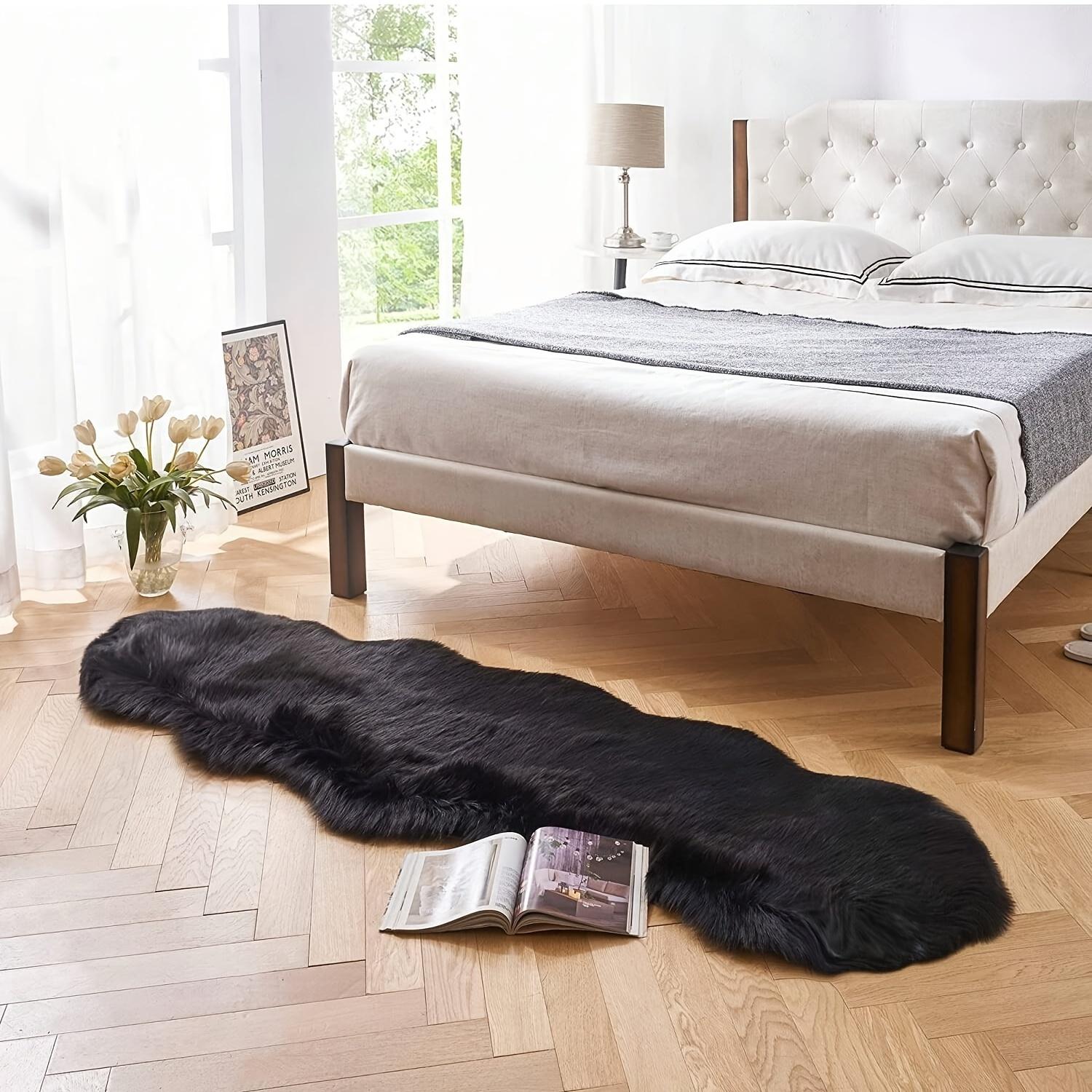 TEMU Plush Black Fur Area Rug - Non-slip, Hand Washable For Living Room & Bedroom Decor, Pet-friendly, Multiple Sizes , Carpet, Long Plush, Wave