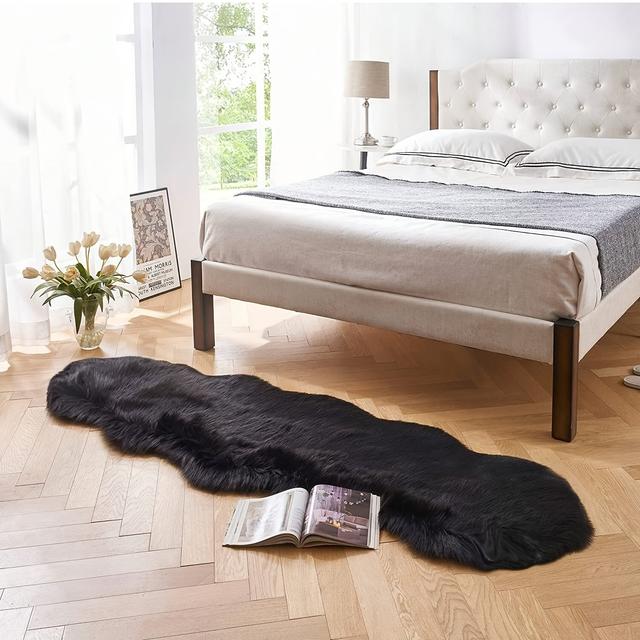 TEMU Plush Black Fur Area Rug - Non-slip, Hand Washable For Living Room & Bedroom Decor, Pet-friendly, Multiple Sizes , Carpet, Long Plush, Wave
