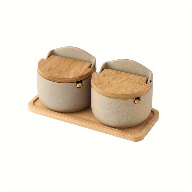 TEMU 2pcs Japanese Ceramic Shakers Set With /wood Lid - Traditional Jars, Restaurant & - Airtight Condiment Containers, Durable Tabletop Storage (compatible With Japanese Seasoning