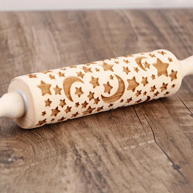 TEMU 1pc " Premium Wooden Rolling Pin With Stars & Moon - Ideal For Eid & Ramadan Kareem Baking, Durable High-quality Wood Cookie Stamp Tool & Clay Art, Packaged In Opp Bag
