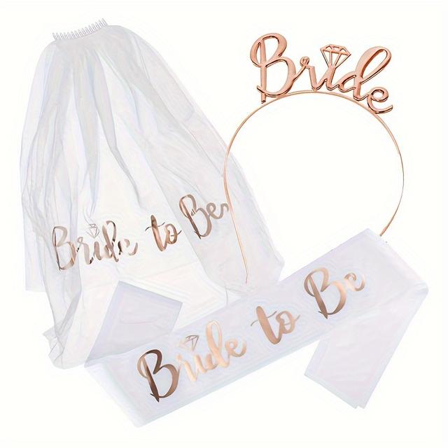 TEMU 1 Set Bride Veil Satin Sash Bridal Shower Wedding Decorations Stickers Hen Party Supplies