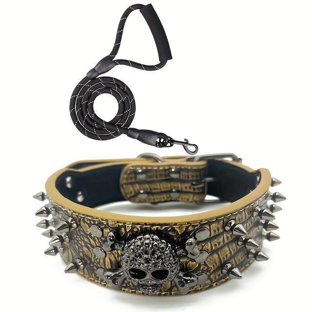 TEMU Spiked Studded Leather Dog Collar With Leash، Rivet PU Leather Dog Collar For Training، Walking