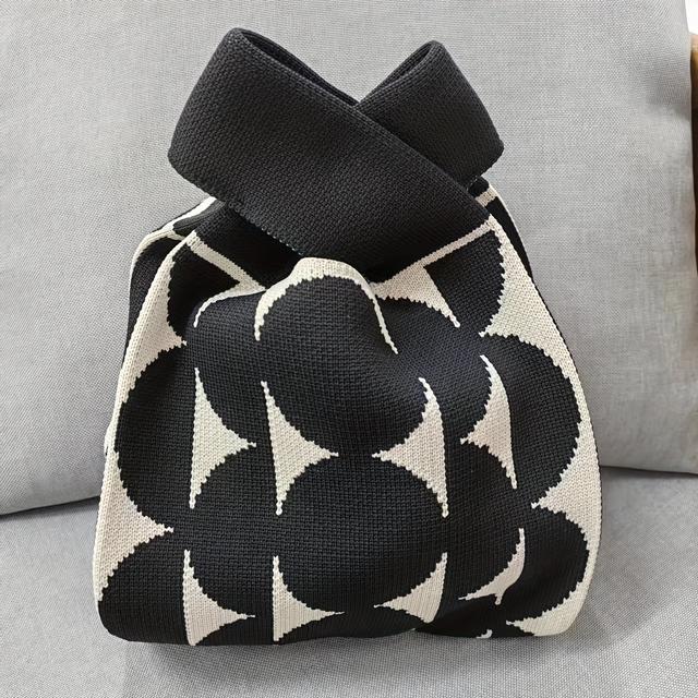 TEMU Buntes Kontrastgestrickte Handtasche, Ästhetische Gewebte Tragetasche mit Handgelenkriemen, Modische Häkelhandtasche für Frauen