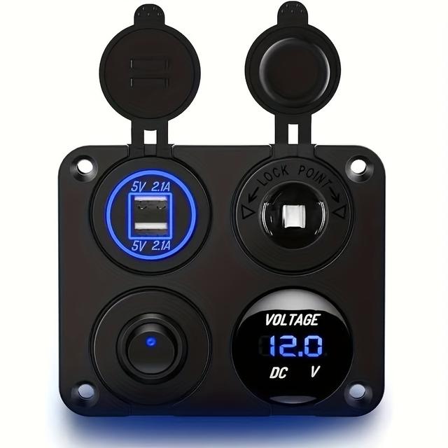 TEMU Usb Car Charger] 4-gang Dual Usb Charger - 1-panel With Led Voltmeter, Abs Material, Universal Fit - 12v Power Outlet For Rv Car & Boat, Indoor Decor, Hard Wiring, Without Battery