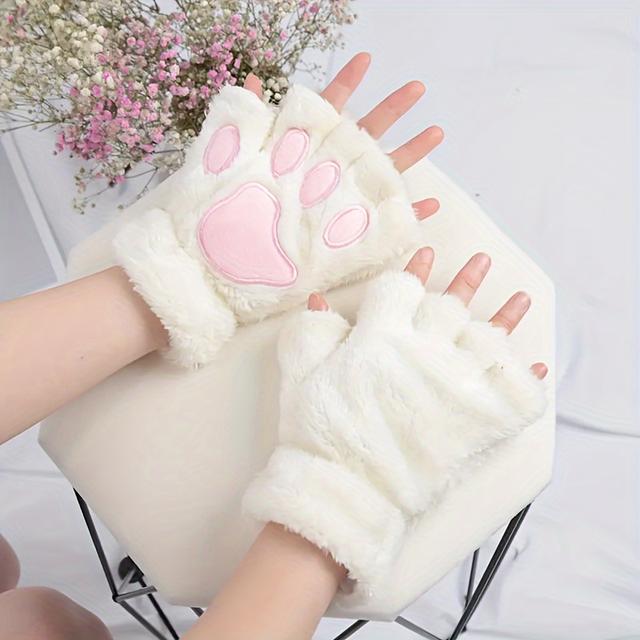 TEMU 1pc Autumn And Winter Thickened Plush Half-finger Gloves, Cat Paw Design