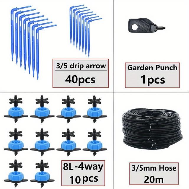 TEMU 8l Pressure-compensated Drip Irrigation Kit With Curved Arrow Emitters, 3/5mm & 2/4 Splitter - Fit For Greenhouse Potted Plants