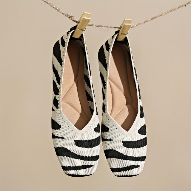 TEMU Women's Slip-on Zebra Stripe Ballet Flats - Lightweight Square Toe Shoes With Sole & Microfiber Insole, Breathable Fabric Upper Suitable For,, Semi-formal & Casual Attire, Women Shoes