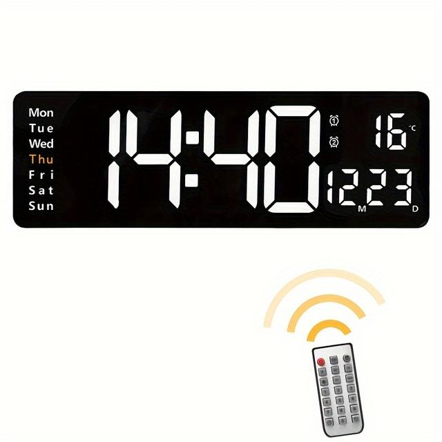 TEMU 16-inch Large Led Wall Clock With Remote Control, Big Numbers, 2 Alarms, Silent, Date, Week, And Temperature Display