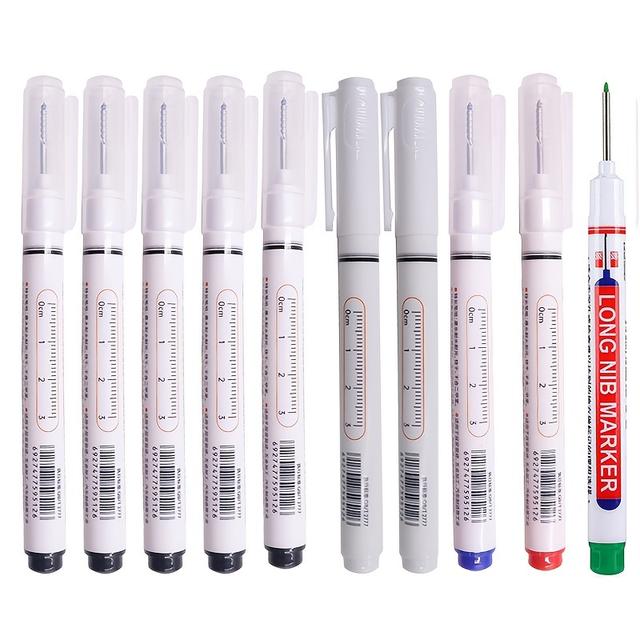 TEMU 10pcs/set Fine Point Markers, 20mm Deep Hole Long Nib, Black White Blue Red Green , Waterproof, Point, For Metal Plastic, Perforating Pen, Bathroom, Woodworking Decoration