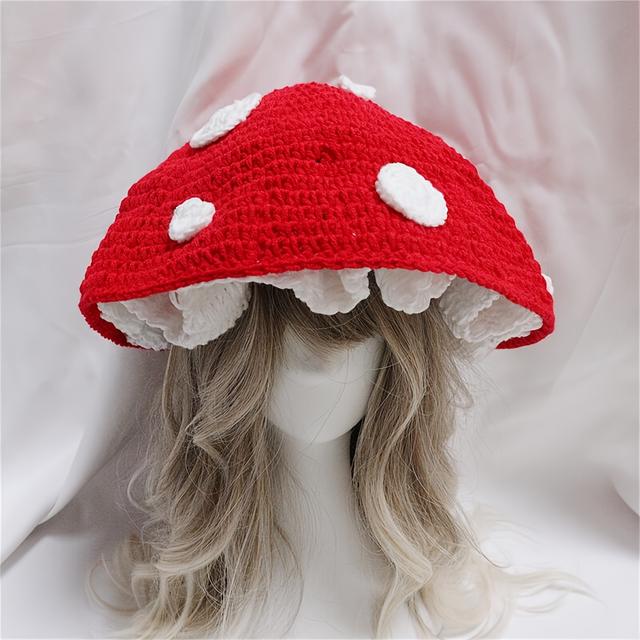 TEMU Mushroom Hat Cute Fungus Hat Handmade Creative Crochet Women's Autumn Winter Warm Fisherman Hat