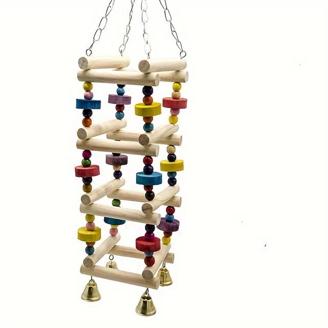 TEMU Natural Wood Parrot Toy Climbing Ladder With Colorful Chewable Beads, Swing & Perch - Interactive Bird Enrichment Activity For Mental Stimulation & Exercise