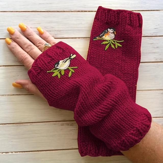 TEMU Knitted Fingerless Gloves With Bird Embroidery For Women - , Windproof, Weekend Casual, Hand Wash Or Professional