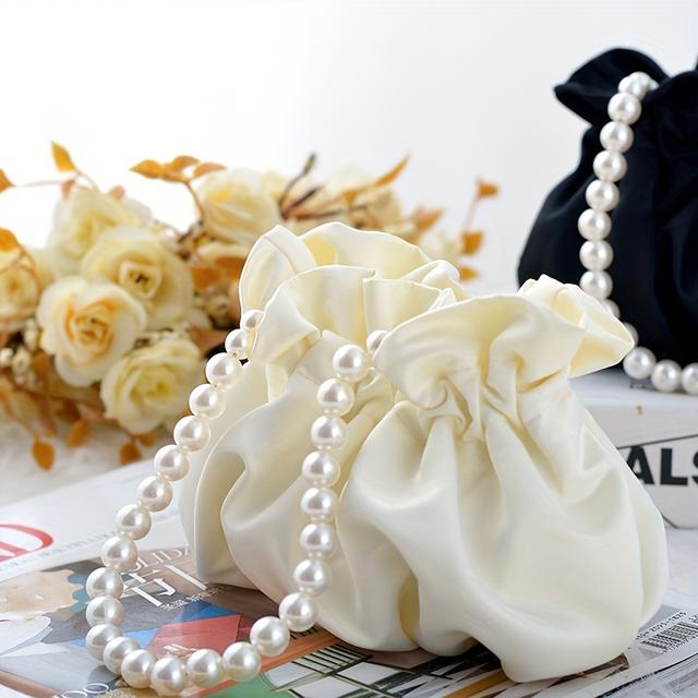 TEMU New Cute Pearl Satin Handbag, Small Tote Bag, Qipao Bag, Party Bag, Evening Dress Bag, Bucket Bag