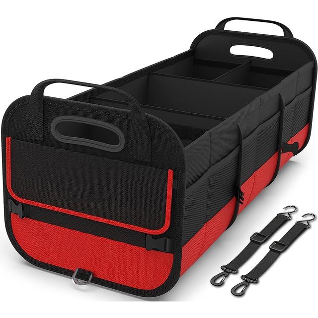 TEMU Large Trunk Organizer For Car, Collapsible Multi Compartment Car Trunk Organizer With 2 Retractable Straps, Suitable For All Kinds Of Cars, Suv, Minivan - 4 Compartments Red