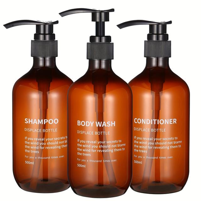 TEMU Amber Shampoo And Conditioner Dispenser Set,3pcs 500ml/16oz Shower Soap Dispenser With Waterproof Printed Label, Reusable Shampoo Conditioner Body Wash Dispensers Pump Bottles For Bathroom