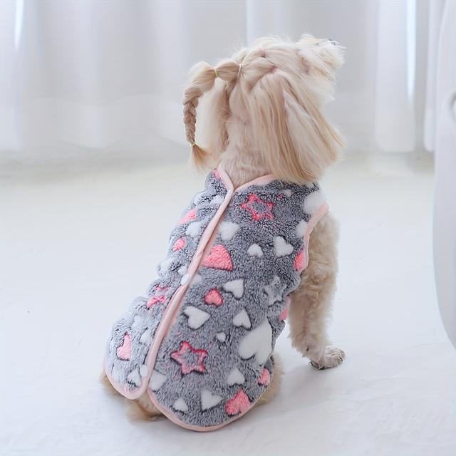 TEMU Cozy Coral Fleece Pet Vest With Design - Warm, Cute Dog Jacket For Small To Medium Breeds - Indoor/outdoor Use In Fall, Winter, And Spring