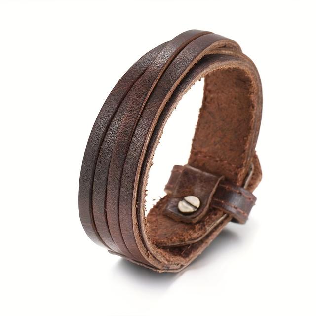 TEMU Vintage-inspired Men's Genuine Leather Wide Cuff Bracelet - Handcrafted, Design