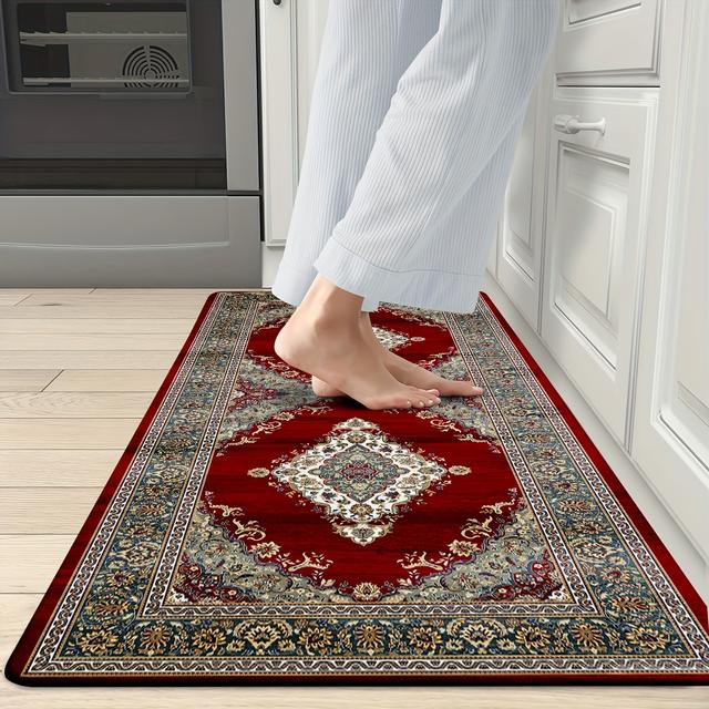 TEMU 1/2pcs Vintage Arab Pattern Persian Color Kitchen Rugs | Comfortable Machine Made Polyester Mats For Kitchen, Home Office, Sink, Laundry, Bathroom