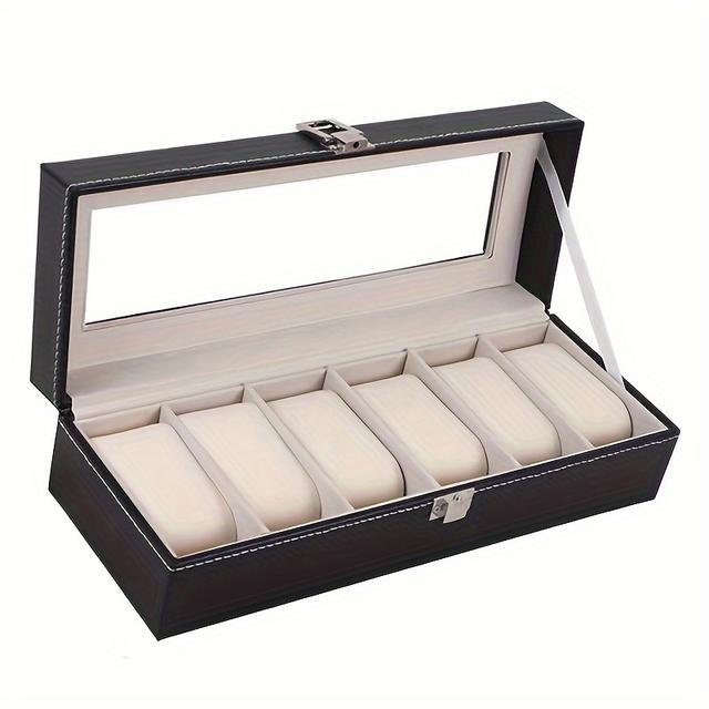 TEMU Black 6-digit Watch Box, Pu Leather Inner Flannelette Watch Display Storage Box