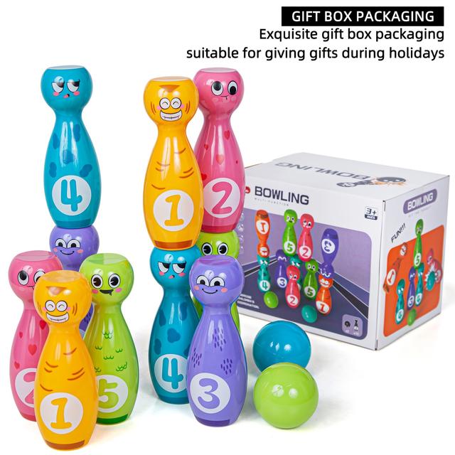 TEMU Bowling Toy Set, Cartoon Fun Printing, Exquisite Transfer Printing , No Fading, No Paint Peeling, Gift Box Packaging, Suitable For Holiday Gifts, 10 Pins, 2 Balls