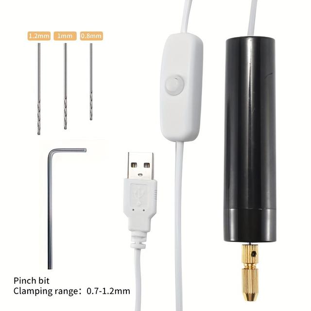 TEMU 5pcs Usb-powered Handheld Mini Drill Set With 3 Sizes Of Drill Bits (0.8/1.0/1.2mm) For Electric Hole Punching Projects