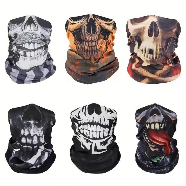TEMU 6pcs Halloween Face Mask For Cold Weather, Neck Gaiter Shield Scarf Elastic Headbands Headwear, Windproof Skull Bandana For Men & Woman For Motorcycle Cycling Riding Skiing Party