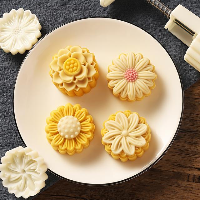 TEMU 1-mold & 4-stamp Diy Moon Cake & Cookie Maker With Flower Shaped Stamps - Plastic Hand Press Baking For Mung Bean Cakes, Mid-autumn Festival Pastry Mold, Chinese Mooncake Diy Kit For Baking
