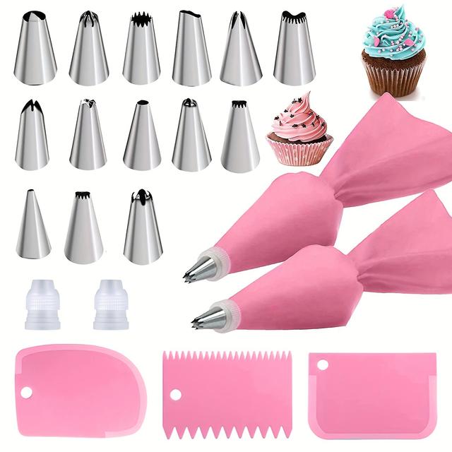 TEMU [21pcs Pink Cake Decorating Baking Set] 21pcs Pink Stainless Steel Baking Set With 14 Nozzles, 2 , 2 Piping Bags, 3 Spatulas - Cake Decorating Kit , Cupcakes, Baking Tools, Kitchen Gadgets