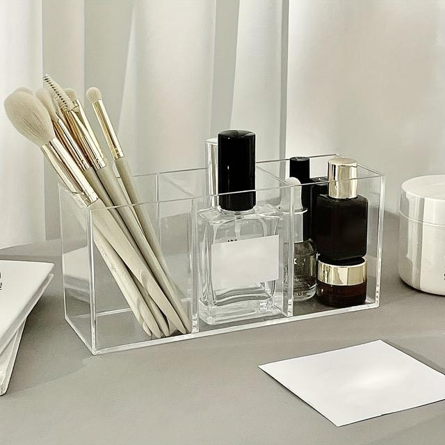 TEMU 1pc Acrylic Makeup Brush Holder - Lightweight, Countertop Cosmetic Organizer For Office & Bathroom, Perfume Organizer
