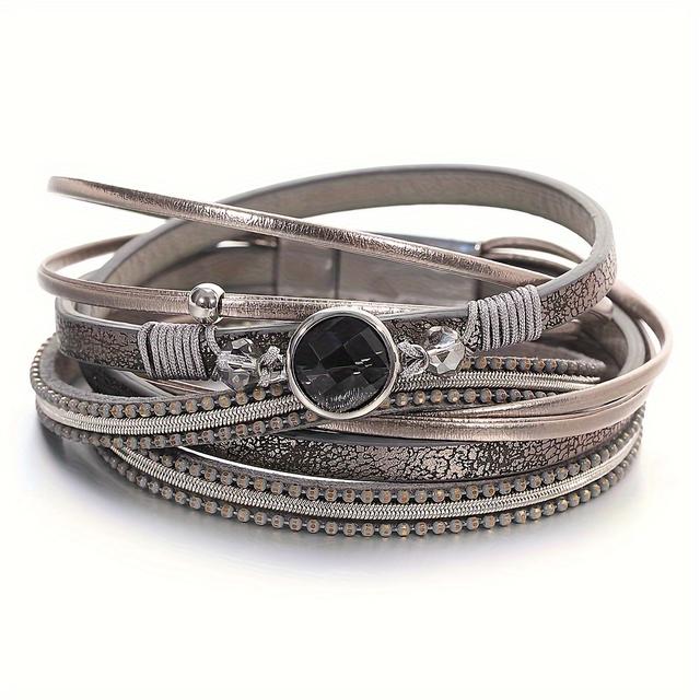 TEMU 1pc Pulsera Vintage de Cuentas de Cristal Artificial y Cuero para Mujer, Cadena Larga Multinivel Estilo Bohemio - Joyería Regalo