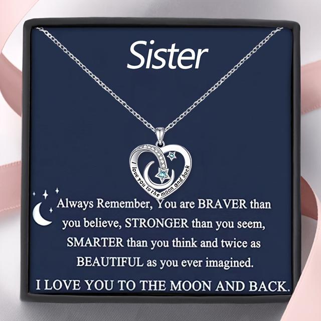 TEMU Sister Heart-shaped Moon Copper Zirconia Necklace, I Love You And Back, Birthday With Card & Gift Box