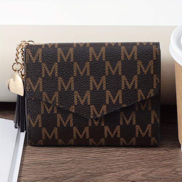 TEMU Elegant Women's Trifold Wallet With Tassel Detail - Stylish Synthetic Leather Coin Purse, Multi-card Slots & Zipper Pocket, Black & Golden "m" , Use