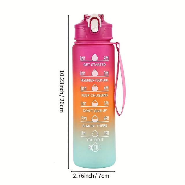 TEMU 1 шт. Пляшка для води 32 унції/1 літр, райдужний , мотиваційна пляшка з часовим маркером та портативним шнурком, пряма пляшка для пиття, подарунок