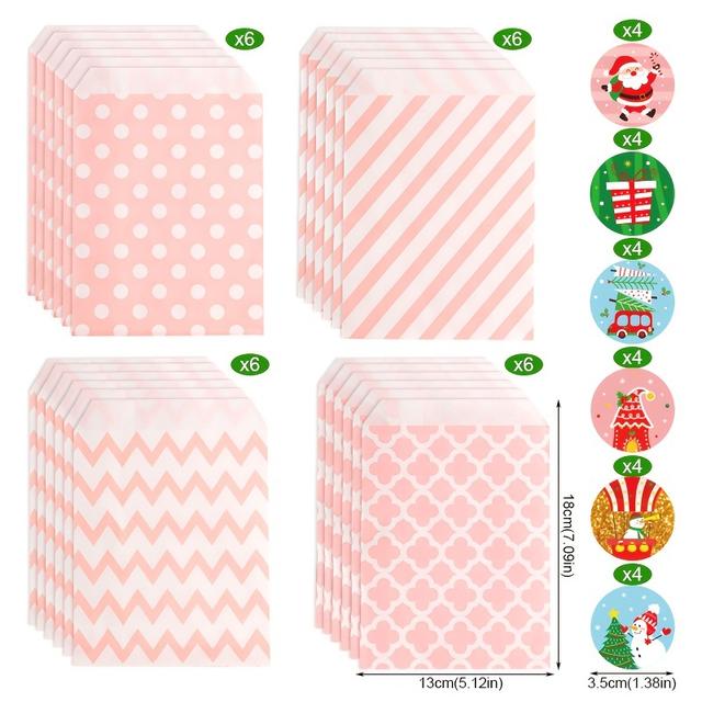 TEMU 24個のクリスマスギフトバッグ - ピンク波形ドット、ストライプ、チェッカーパターン、ホリデーパーティーとギフトギビングに最適、ステッカー装飾付き